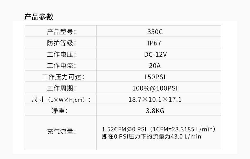 – 12 伏 – 永磁电机 – 占空比：100% @ 100 PSI - 最大工作压力：150 PSI - 适用的最大气罐尺寸：5.0 加仑 - 12V 电压时最大工作电流：22 安培 – 防护等级：IP67 – 尺寸：7.4″L x 4″W x 6.75″H – 净重：8.55 磅。 