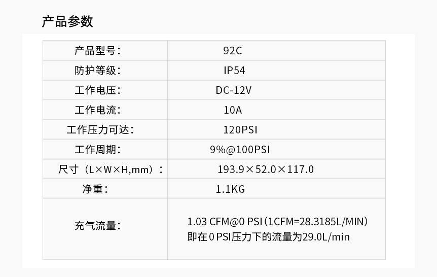 – 12 伏 – 永磁电机 – 占空比：9% @ 100 PSI - 最大工作压力：120 PSI - 最大气罐尺寸：1.0 加仑 - 最大电流消耗：10 安培 – 防护等级：IP54 – 尺寸：7.6″L x 2.0″W x 4.6″H – 净重：2.45 磅。