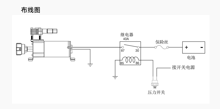 推荐组件 – 0.5 加仑油箱 (P/N 91005) – 12V 继电器 (P/N 93940) – 压力开关（P/N 90100、90101） – 密封压力开关（P/N 90223）